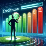 An individual analyzes a giant digital credit score display with a magnifying glass, moving from red (poor) to green (excellent) scores, symbolizing the quest for financial understanding.
