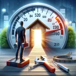 A determined individual stands before a broken credit score gauge, holding repair tools, with a pathway leading to a bright doorway symbolizing future financial opportunities.