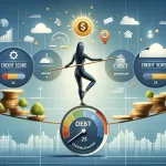 Illustration of a person balancing on a tightrope with a balance pole, over a pit representing debt, with symbols of good credit score and financial stability above.