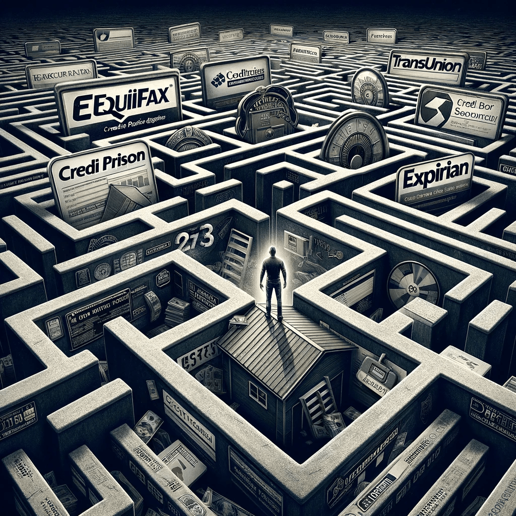 Symbolic maze depicting credit prison trap with Equifax, Experian, TransUnion. consumer figure in center, surrounded by credit score and data security symbols.
